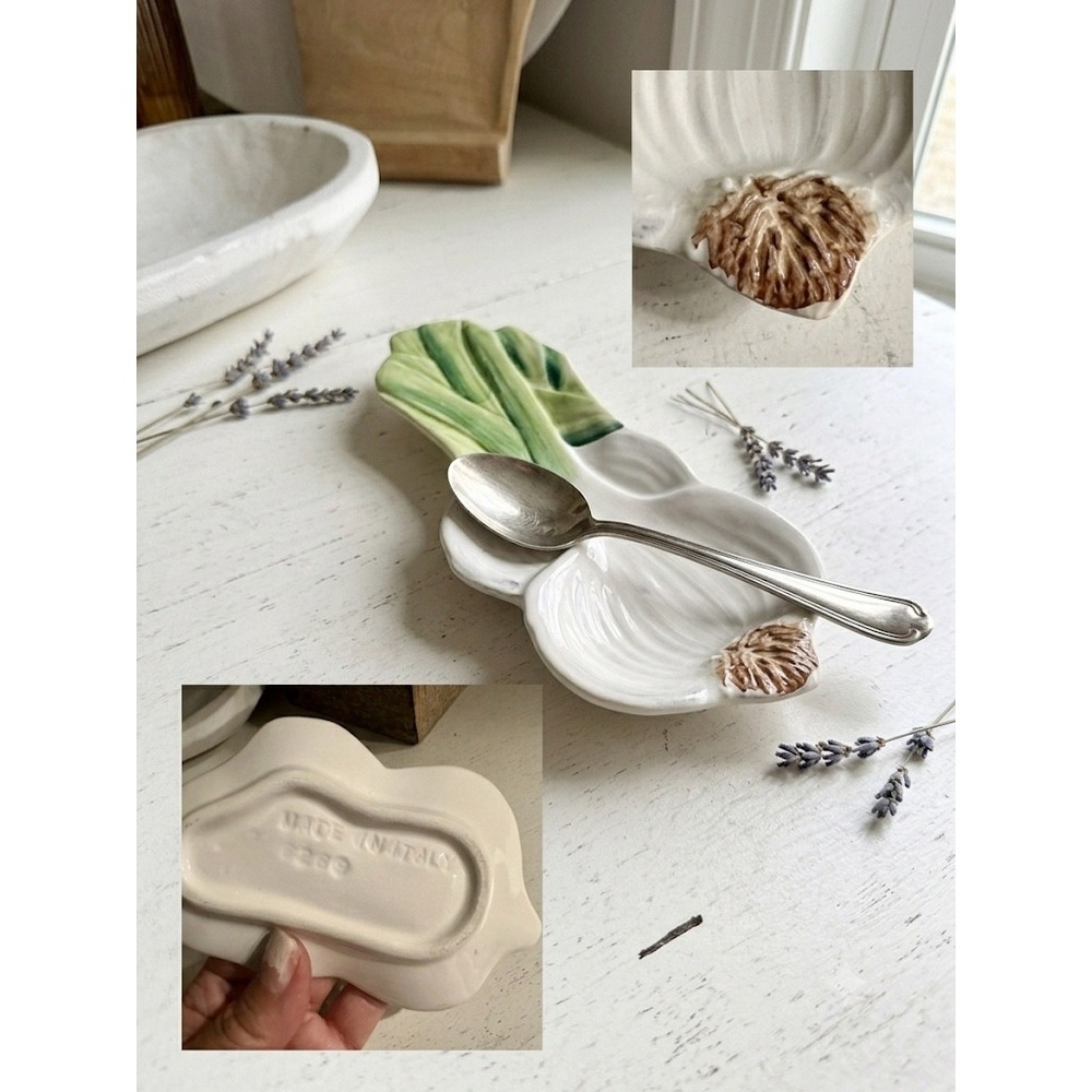 Vtg Italian Ceramic Leek Spoon Rest Hand Painted Majolica Scallion Italy 6269